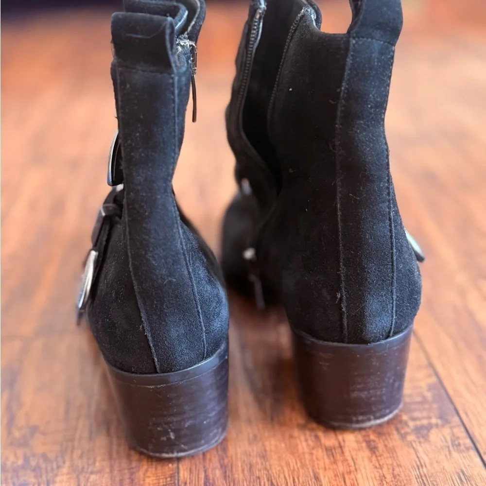 Blue Velvet Brand Black Suede Leather Ankle Boots with Triple Buckle